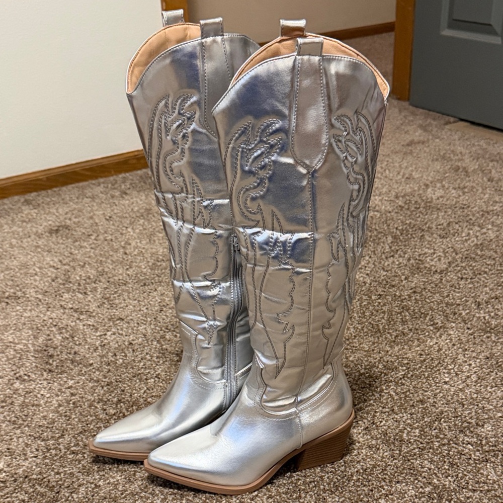 Silver Western Knee-High Boots for Women